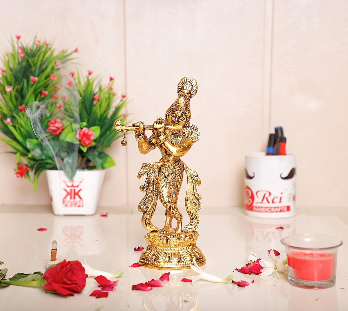 Krishnapath Lord Krishna Metal Statue – Krishna Murti Playing Flute for Temple Pooja, Home Decor, Office, Showpiece, Gift Idol for Relatives & Friends Main image
