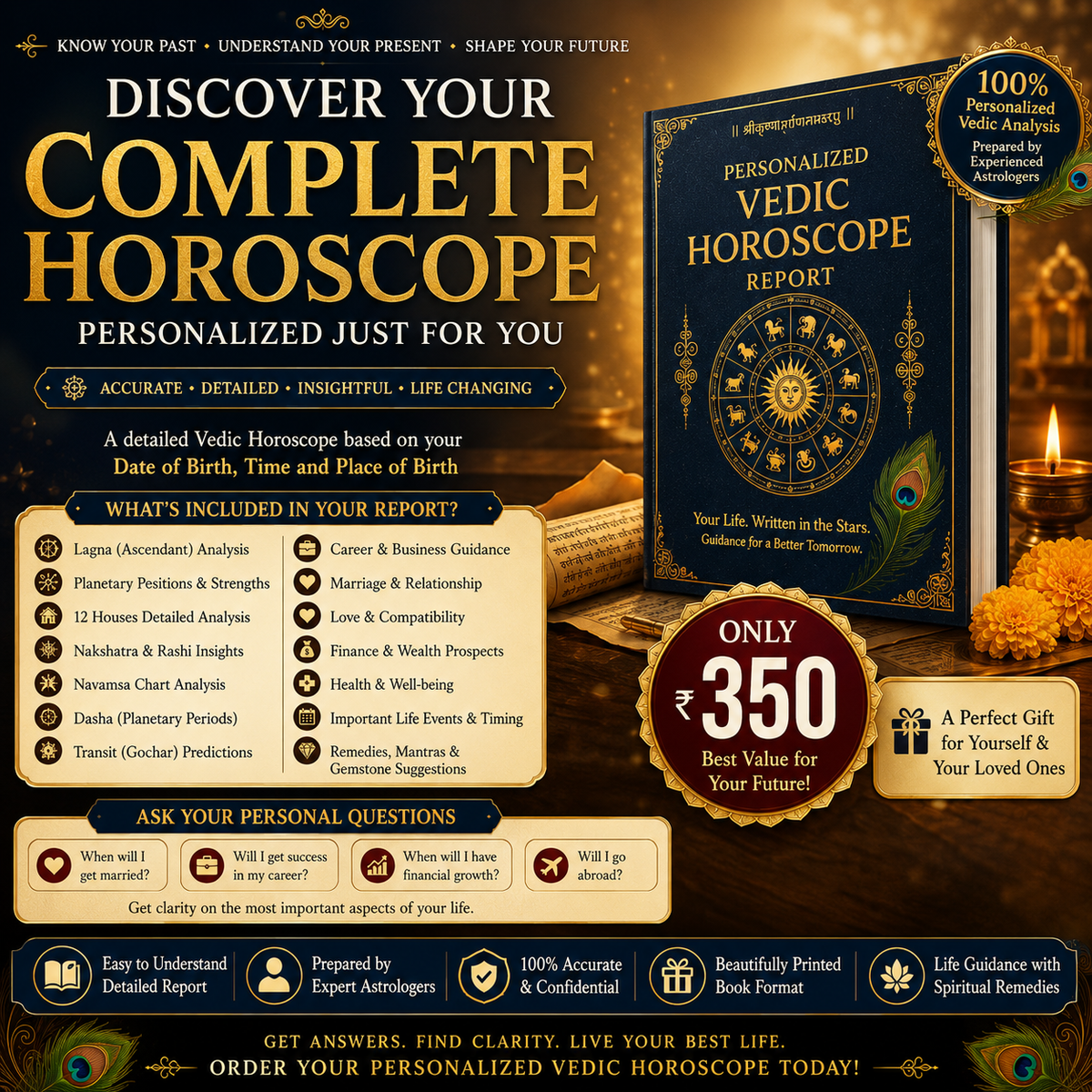 Personalized Vedic Horoscope Report – Complete Birth Chart Analysis | Career, Marriage, Love, Finance & Life Guidance | Printed Horoscope Book Main image